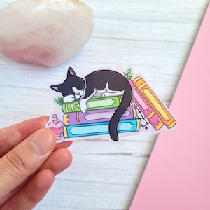 Sleepy Tuxedo Cat 3.5" Vinyl Sticker (glossy) - Witchy stickers, Cat lovers gift