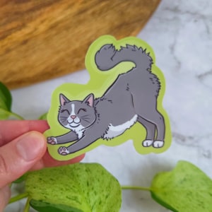 Stretching Kitty gris 3 x 2,8 po. Autocollant en vinyle brillant - chien vers le bas