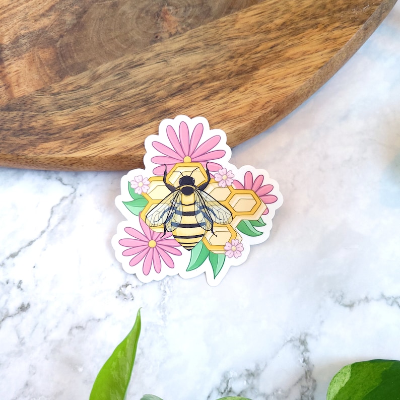 Honey Bee 3x3 Glossy Vinyl Sticker pink, honeycomb image 2