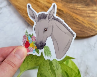 Wildflower Donkey 3"x2.9" Glossy Vinyl Sticker - Mule, Bouquet