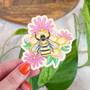 Honey Bee 3x3 Glossy Vinyl Sticker pink, honeycomb image 1