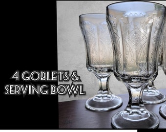 5 Pc Set Indiana Glass Recollection Diamond Scroll Goblets & Serving Bowl Original Boxes