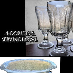 5 Pc Set Indiana Glass Recollection Diamond Scroll Goblets & Serving Bowl Original Boxes