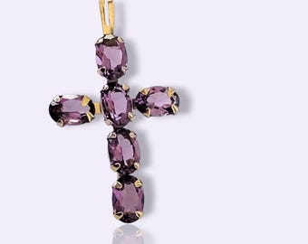 10k Yellow Gold 6 Amethyst Vintage Cross Pendant Necklace with Oval Cut Natural Gemstones