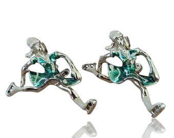 2x Vintage Ice Skater Girls Brooch Lapel Pin Green Enamel Skirt Winter Christmas