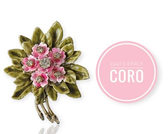 Vintage Coro Brooch: 1940s Enamel Rhinestone Floral Bouquet Pin