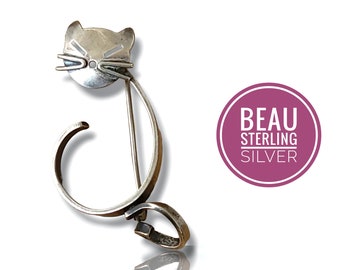 Beau Beaucraft Abstract Modernist Cat Sterling Silver 925 Brooch Vintage Pin Figural Kitty Jewelry