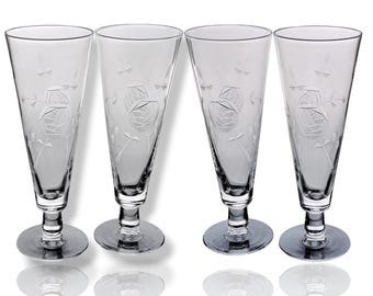 Set 4 Vintage Pilsner Glasses Etched Roses Tall Footed Beer Glasses