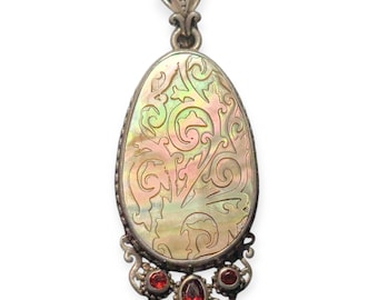 Sterling Silver Abalone Pendant: Carved Filigree Garnet, Thai Artisan