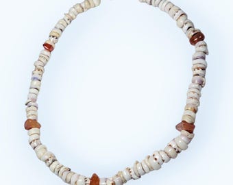 Vintage Puka Shell and Carnelian Necklace Gemstone Accents Hook Closure