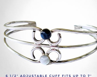925 Mexico Sterling Silver Vintage Adjustable Cuff Bracelet Wide White Blue Tigers Eye