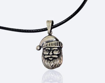 925 Santa Clause Sterling Silver Vintage Christmas Pendant Cord Necklace