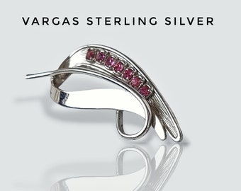Vargas Vintage Sterling Silver Leaf Brooch: Pink Rhinestone Pin