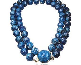 Vintage 50s West Germany Blue Marbled Bead Double Strand Necklace