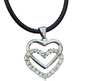 925 Double Hearts Cubic Zirconia Sterling Silver Vintage Pendant with Free Cord Necklace