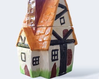 Vintage MCM Tudor Cottage Ceramic Cookie Jar - Made in Japan
