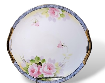 Antique Nippon Hand Painted Cake Plate: Pink Peonies, Roses, Blue Trim