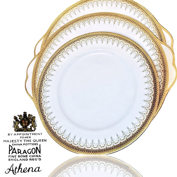 Set of 3 Paragon Athena Handled Cake Plates Bonus Dinner Royal Doulton Albert By Appointment to Her Majesty The Queen Fine Bone China Gold