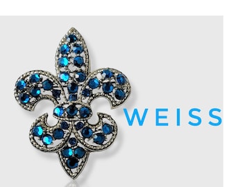 Vintage Weiss Fleur De Lis Brooch: Silver Tone & Blue Rhinestones