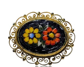 Vintage Millefiori Brooch: Italian Mosaic Floral Pin, Gold Tone Filigree