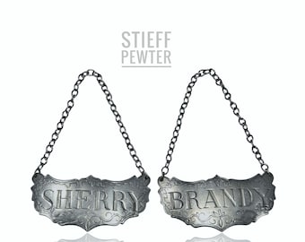 2 Historic Newport Pewter Kirk Stieff Collection Hanging Sherry and Rum Decanter Bottle Labels