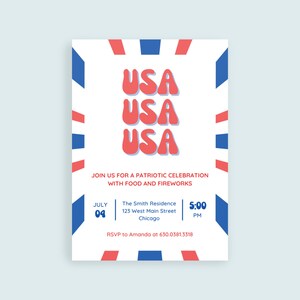 Editable 4th of July Invitation | Independence Day Invite | Backyard BBQ | Fireworks | Neighborhood Block Party | Red White and Blue Invite