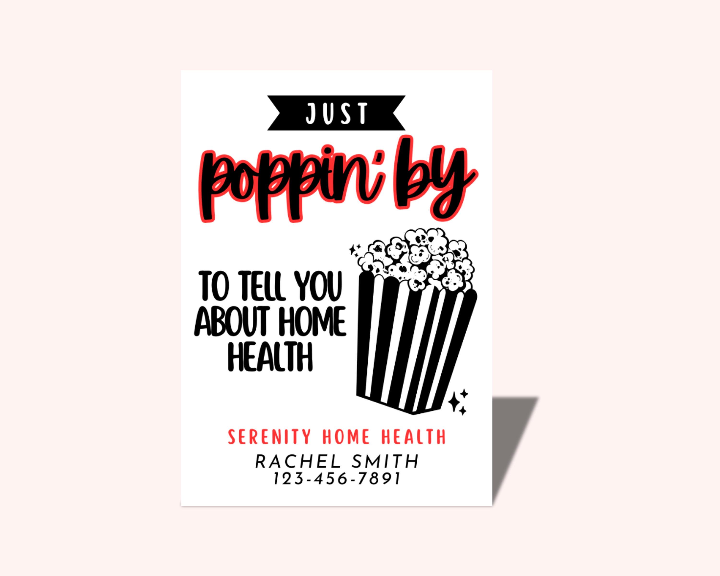 Popcorn Theme Home Health Tag Template | "Just Poppin’ By" Canva Tag | Editable 2.5x3.5 in Printable | Home Health Marketing Idea