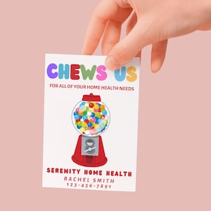 Printable Home Health Referral Tag | Bubblegum &quot;Chews Us&quot; Theme | Editable Referral Card | Digital Download for Healthcare Marketing