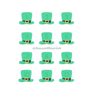 May include: Twelve green leprechaun hats with gold buckles and white numbers 1 through 12.