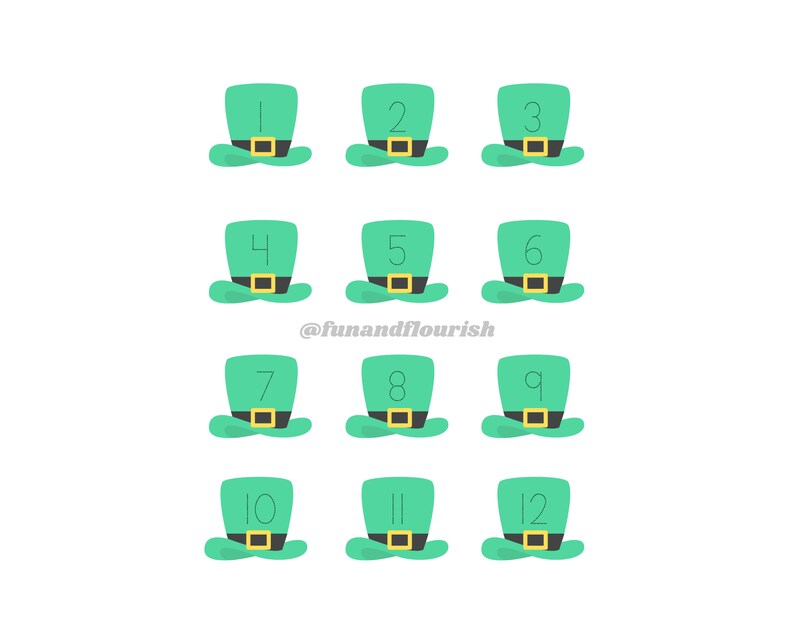 May include: Twelve green leprechaun hats with gold buckles and white numbers 1 through 12.