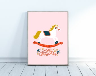 Christmas Rocking Horse Print | Merry Christmas Printable | Pink Christmas Print | Christmas Wall Print | Pink Holiday Decor