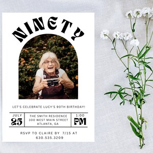Minimalist 90th Birthday Photo Invitation | Ninetieth Birthday Man | Adult Birthday Invitation | Simple 90th Invite | Digital 90th Invite