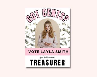 Editable Treasurer Campaign Poster Template – Canva School Election Flyer – Student Council Vote Poster Printable