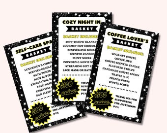 Editable Auction Basket Tags | Silent Auction Labels | Black Tie Gala Fundraiser | PTO PTA Event | Digital Download