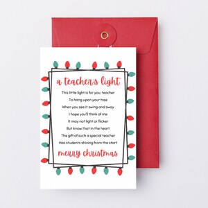 Cartão imprimível do poema leve de um professor para ornamento de <br> Lista de Desejos Crie Seu Próprio Produto! Tag do professor do Natal | Poema Luz da Amizade | Presente de Natal para Professor
