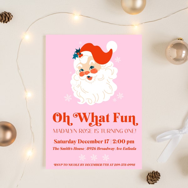 Oh What Fun Christmas Invitation | Christmas Party Template | Holiday Party | Kids Christmas Birthday | Red And Pink Girl Christmas Birthday