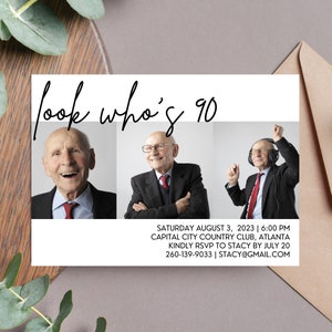 Minimalist 90th Birthday Photo Invitation | Ninetieth Birthday Man | Adult Birthday Invitation | Simple 90th Invite | Digital 90th Invite