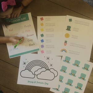 May include: A printable St. Patrick's Day scavenger hunt for kids. The printable includes a rainbow color scavenger hunt, a shamrock scavenger hunt, and a rainbow coloring page with the text "Happy St. Patrick's Day".