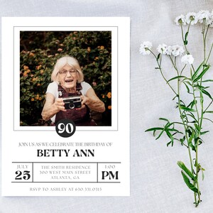 Minimalist 90th Birthday Photo Invitation | Ninetieth Birthday Man | Adult Birthday Invitation | Simple 90th Invite | Digital 90th Invite