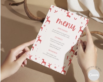 May include: A white menu with a red reindeer pattern. The menu lists appetizers, entrees, and desserts. The text "menu" is written in red cursive. The bottom of the menu has a white circle with the text "PERSONALIZE WITH Canva" in black.