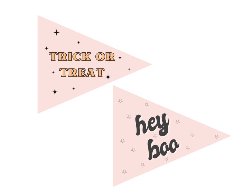 Puede incluir: Dos banderas de fiesta de Halloween de forma triangular rosa con estrellas blancas. Una bandera dice "Trick or Treat" en letras naranjas. La otra bandera dice "hey boo" en letras negras.