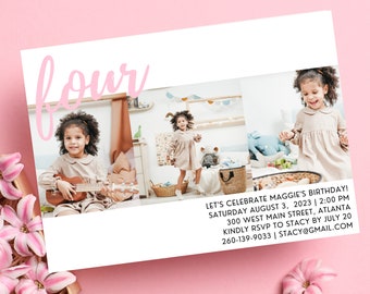 4th Birthday Invitation with photo | Minimalist 4th birthday Invite | Simple 4th Birthday Invite | Photo Birthday Invitation | Girl