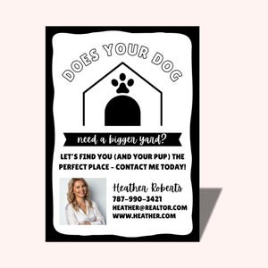 Etiqueta de marketing inmobiliario con temática canina / ¿Tu perro necesita un patio más grande? / Plantilla editable de Canva / Imprimible para agentes inmobiliarios / Etiqueta de 2.5x3.5