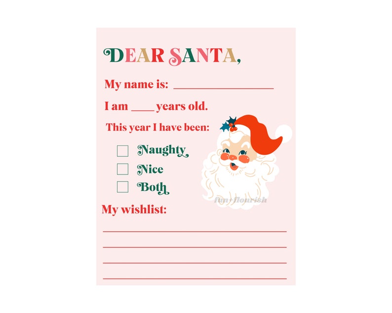 May include: A pink printable Christmas letter to Santa Claus with a cartoon illustration of Santa Claus. The letter includes a space for the child's name, age, and a checklist to indicate if they have been naughty or nice. The letter also includes a space for the child to write their Christmas wishlist.