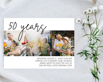 May include: A collage of three photos of an older couple celebrating their 50th anniversary. The photos show the couple smiling and holding flowers. The text "50 years" is written in a cursive font at the top of the invitation. The invitation also includes the date, time, location, and RSVP information.