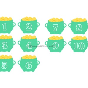 May include: Ten green pots filled with gold coins, each pot is numbered 1 through 10.