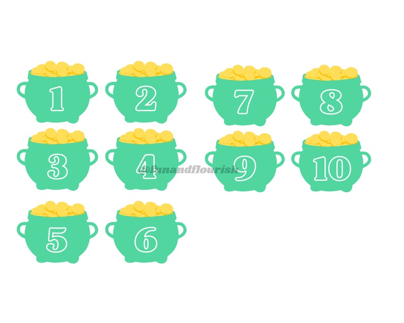 May include: Ten green pots filled with gold coins, each pot is numbered 1 through 10.