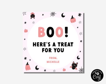 May include: Pink and black Halloween treat bag with a white circle and the text "BOO! HERE'S A TREAT FOR YOU" with the text "FROM, MICHELLE" below. The bag is decorated with stars, bats, pumpkins, and spiderwebs.