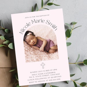 Minimalist Girl Baptism Invite | Baptism Photo Invitation | Editable Baptism Invite | Christening | Modern | Pink Baptism Invite | Simple