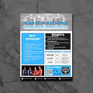 May include: A blue and white flyer with the text "Wildcats Athletics Sponsorship Opportunities". The flyer has a picture of a group of athletes playing football. The flyer also has information about the benefits of sponsoring the Wildcats Athletics program, including community visibility, brand recognition, and tax benefits. The flyer also lists the different sponsorship levels and their corresponding costs.